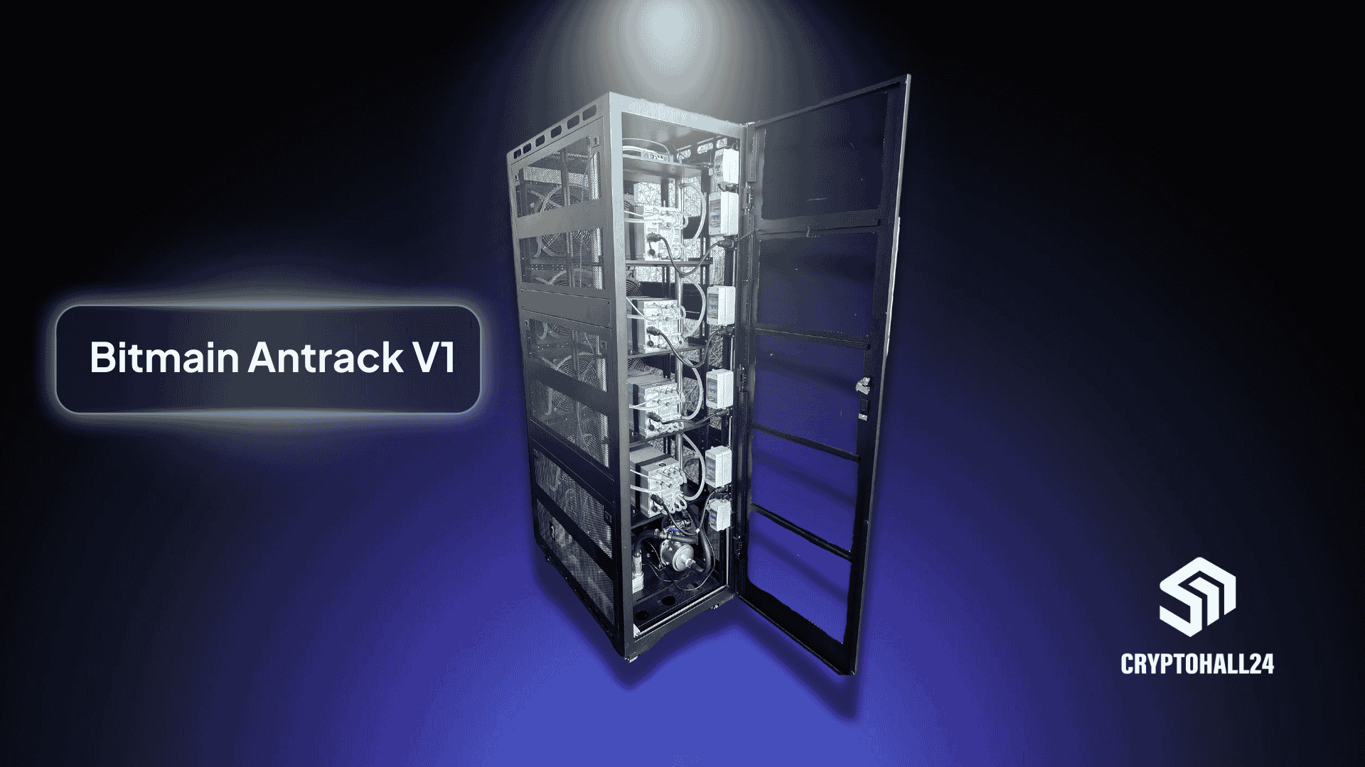 Banner 'Bitmain Antrack V1': geöffnetes Hydro-Mining-Rack mit 24 kW - Cryptohall24