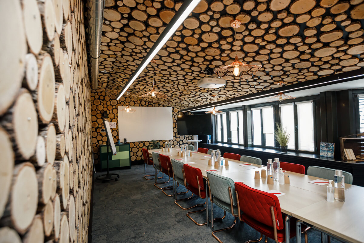 a room with tables and chairs