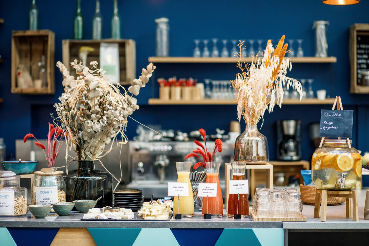 a counter with many objects on it