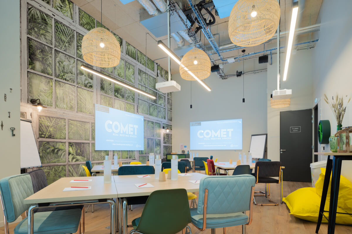 a room with a table and chairs