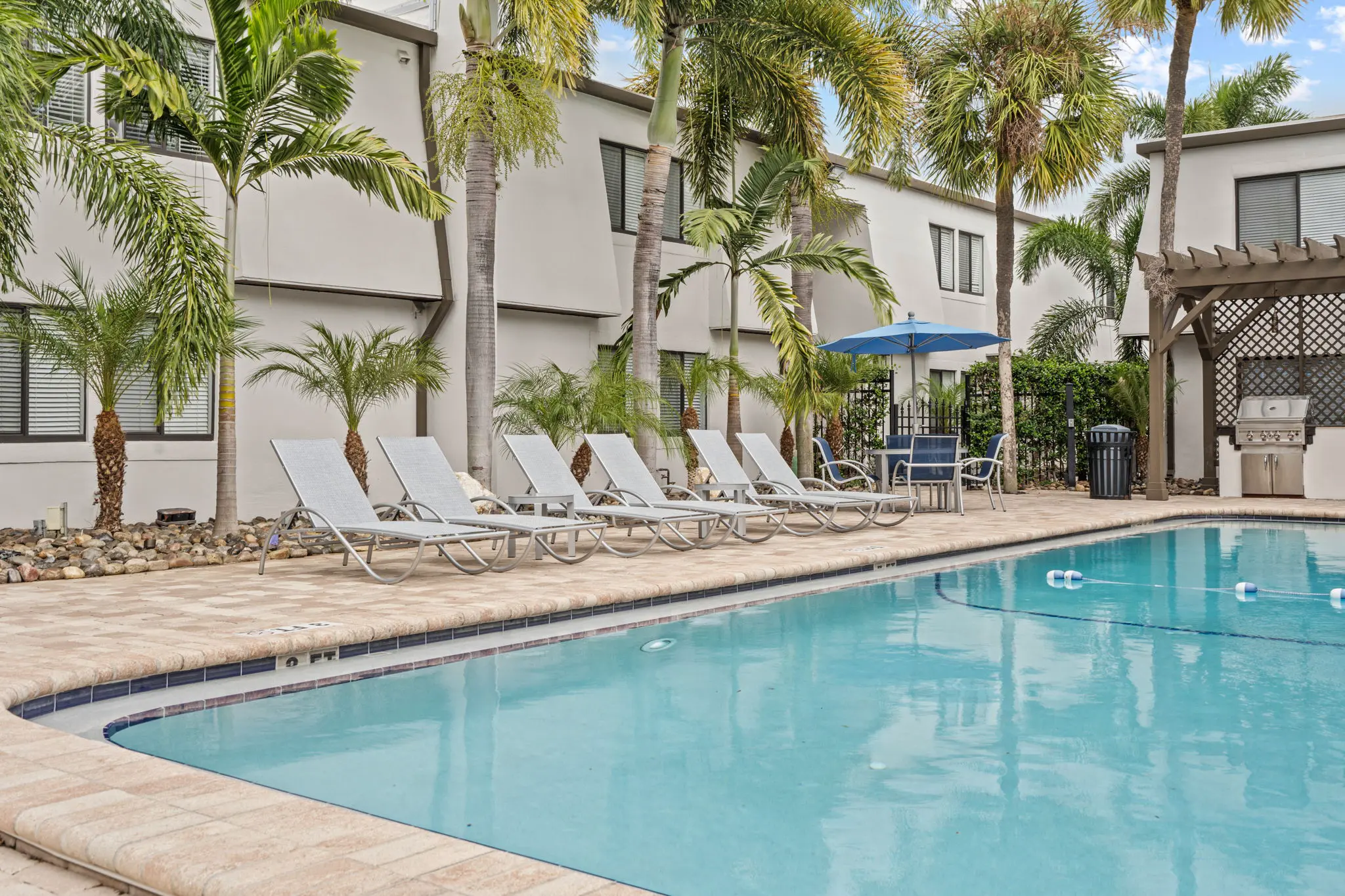 Chaise lounge chairs pool side with palm trees and white apartment building in the background.