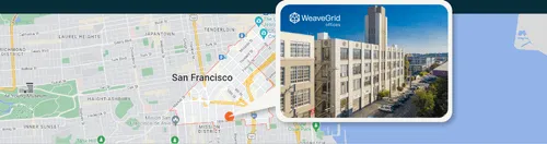 A photo of the WeaveGrid office overlaid on a map of San Francisco showing where our office is located in the Mission District.
