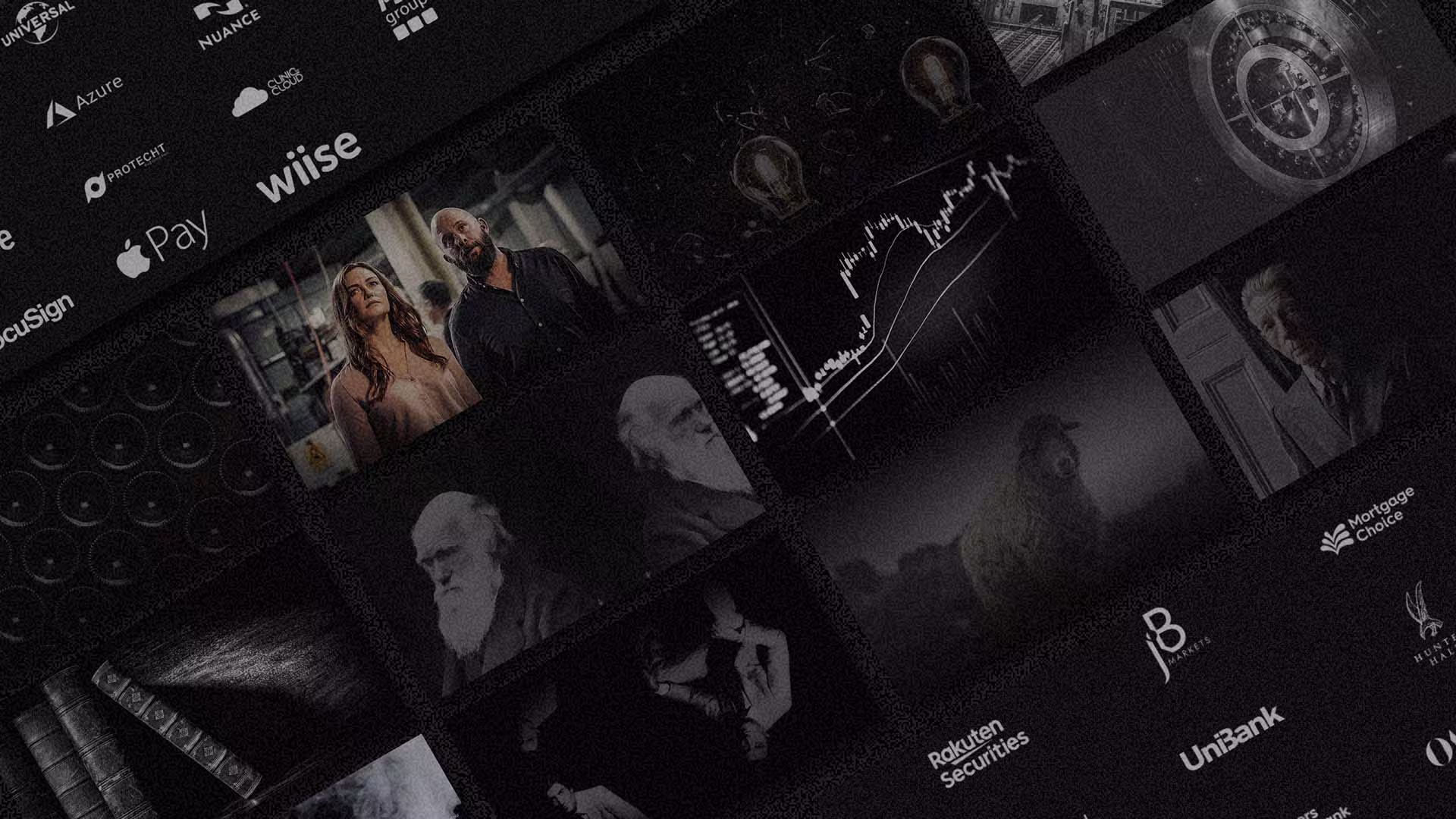 Montage of Involve Digital case studies featuring client brand logos including Apple Pay, DocuSign, Wiise, Azure, and Mortgage Choice, overlaid with visuals of historical figures, data charts, vaults, and cinematic photography — showcasing the agency’s diverse creative and strategic work.