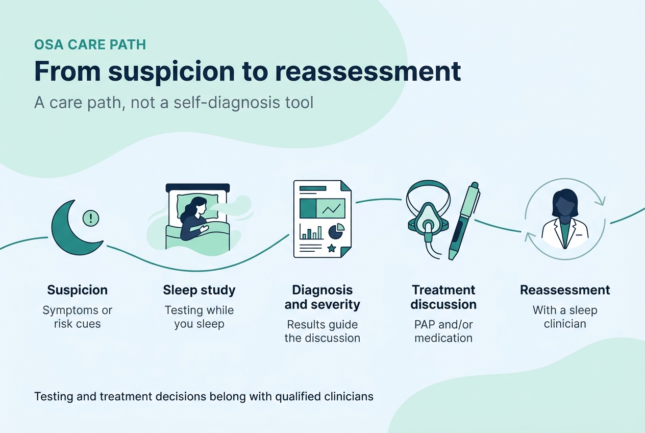 Care path diagram from suspicion through sleep study, diagnosis and severity, treatment discussion with PAP and/or medication, to reassessment with a sleep clinician.