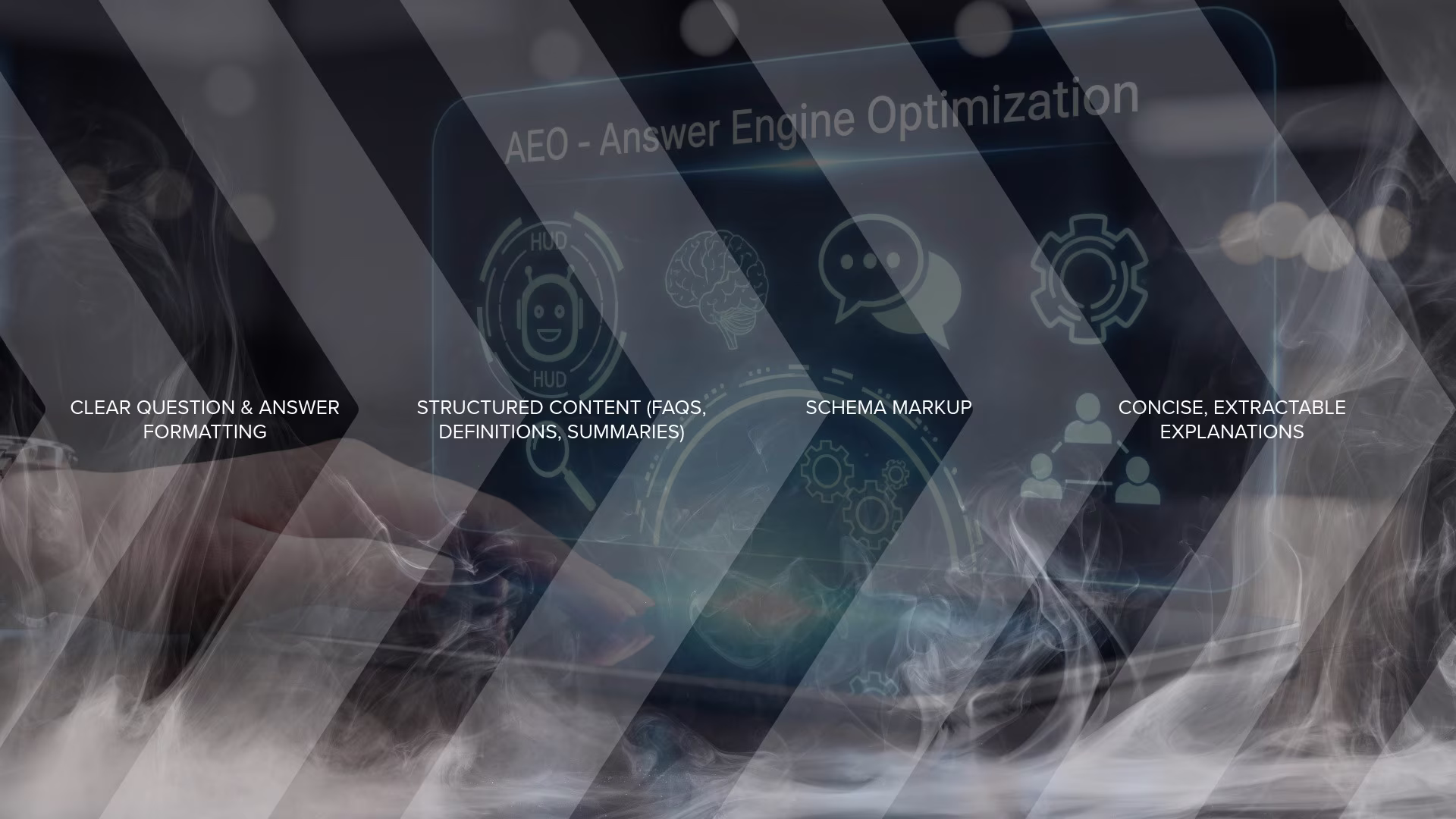 Illustration explaining Answer Engine Optimisation (AEO), highlighting clear question-and-answer formatting, structured content, schema markup, and concise explanations for direct answers.