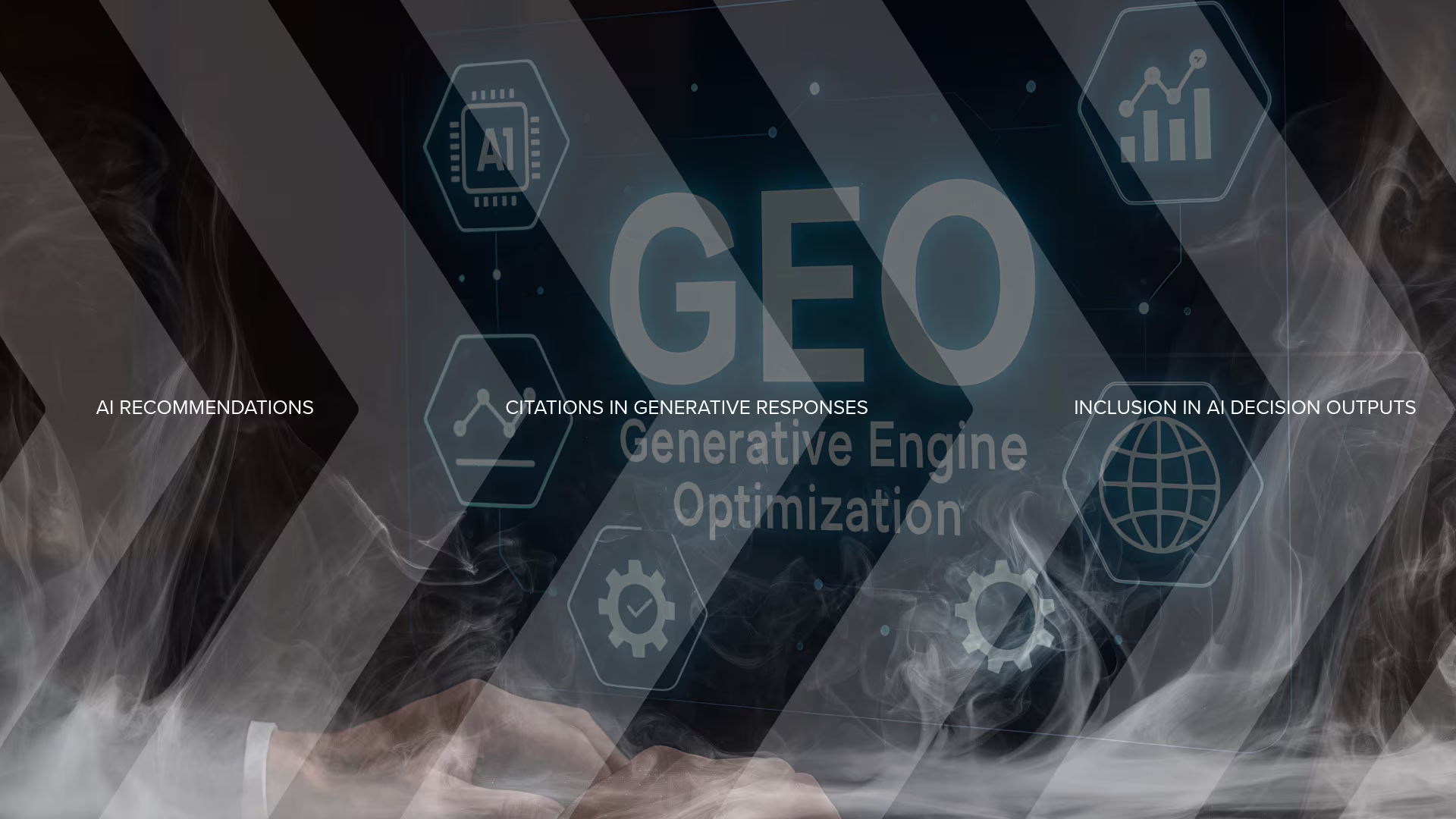 Illustration explaining Generative Engine Optimisation (GEO), showing how AI recommendations, citations in generative responses, and inclusion in AI decision outputs influence which businesses are selected.