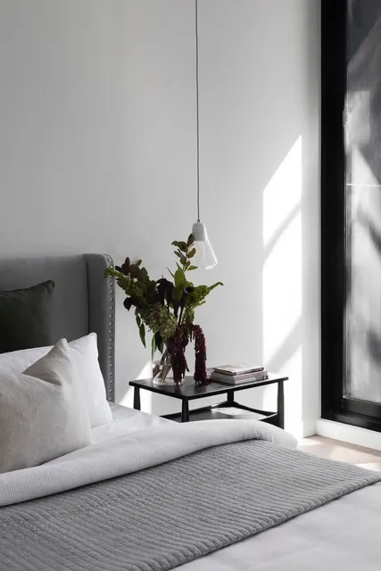 Bedroom with plant and hanging light