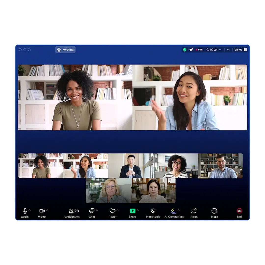 Video conferencing screen showing nine diverse participants in a meeting, with chat, audio, video, and other meeting controls visible.