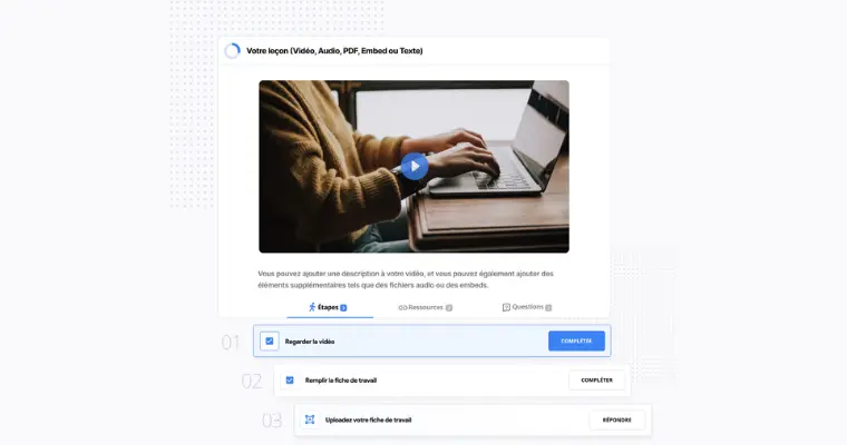 Plateforme e-learning de la formation neuromarketing : visionnage de la vidéo, complétion du livret pédagogique et dépôt du travail.