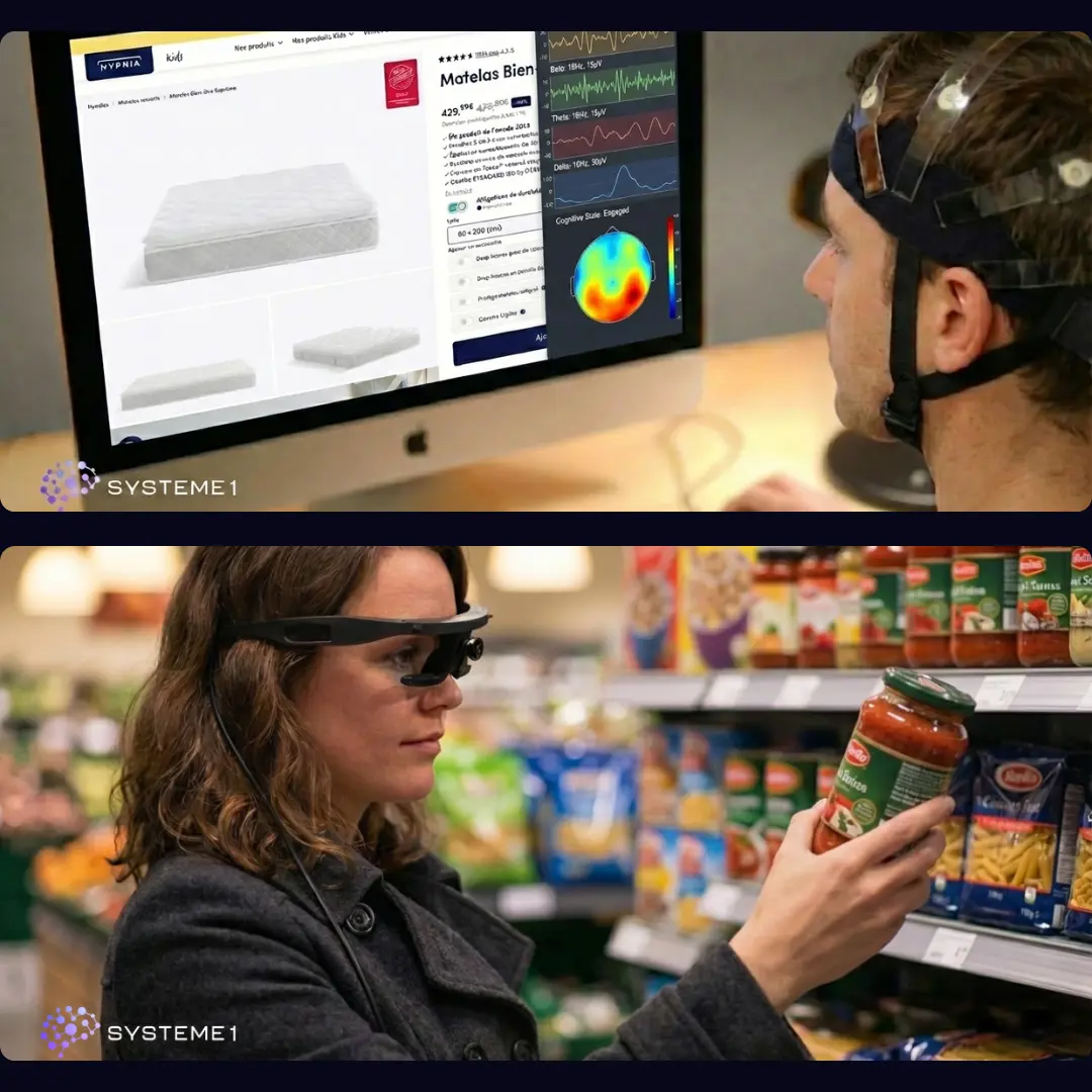 Études de neuromarketing : analyse des ondes cérébrales face à un produit et observation du parcours d'achat en magasin avec eye-tracking.