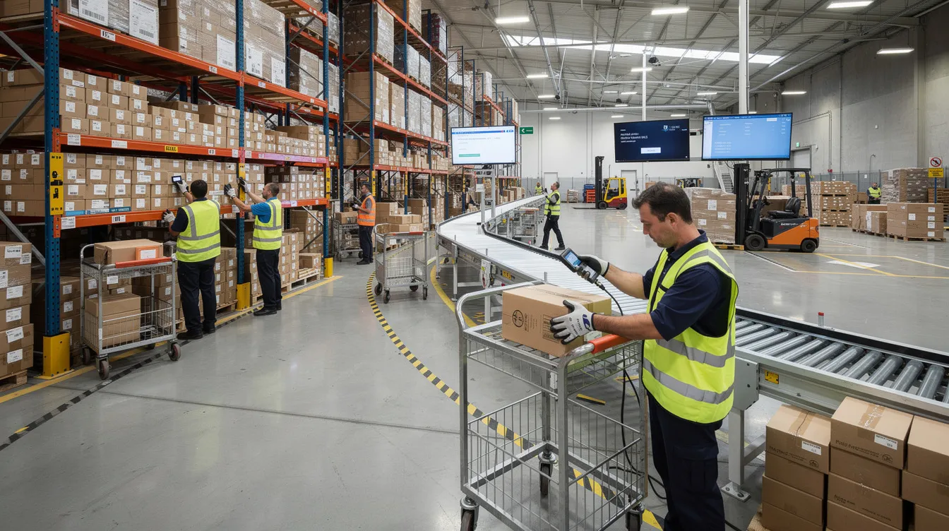 The image depicts warehouse workers actively engaged in the order fulfillment process, scanning packages and organizing shelves within a modern fulfillment center. This scene highlights efficient inventory management and the importance of meeting customer expectations through streamlined operations in the ecommerce fulfillment landscape.