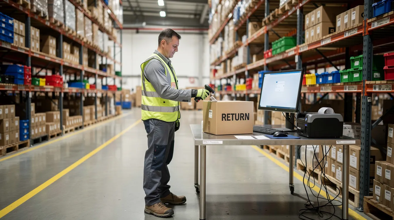 A warehouse worker is scanning a returned package at a receiving station, with shelves of inventory visible in the background, illustrating the ecommerce returns management process. This scene emphasizes the importance of efficient returns management in enhancing customer satisfaction and loyalty.