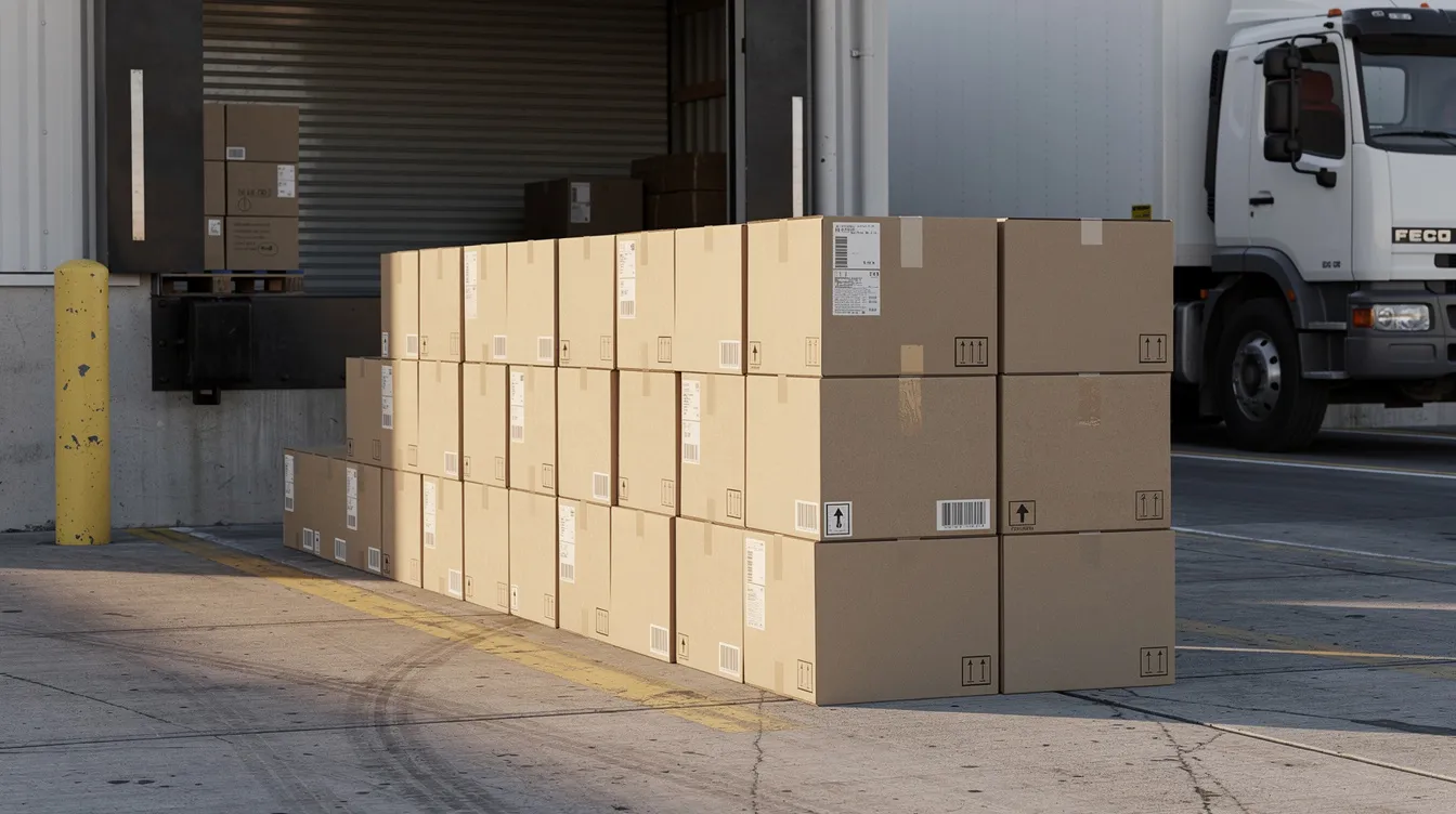 The image depicts a stack of cardboard shipping boxes on a warehouse loading dock, with a delivery truck parked in the background. This setting highlights the importance of efficient returns management in ecommerce, emphasizing the operational aspects of return shipping and customer satisfaction.