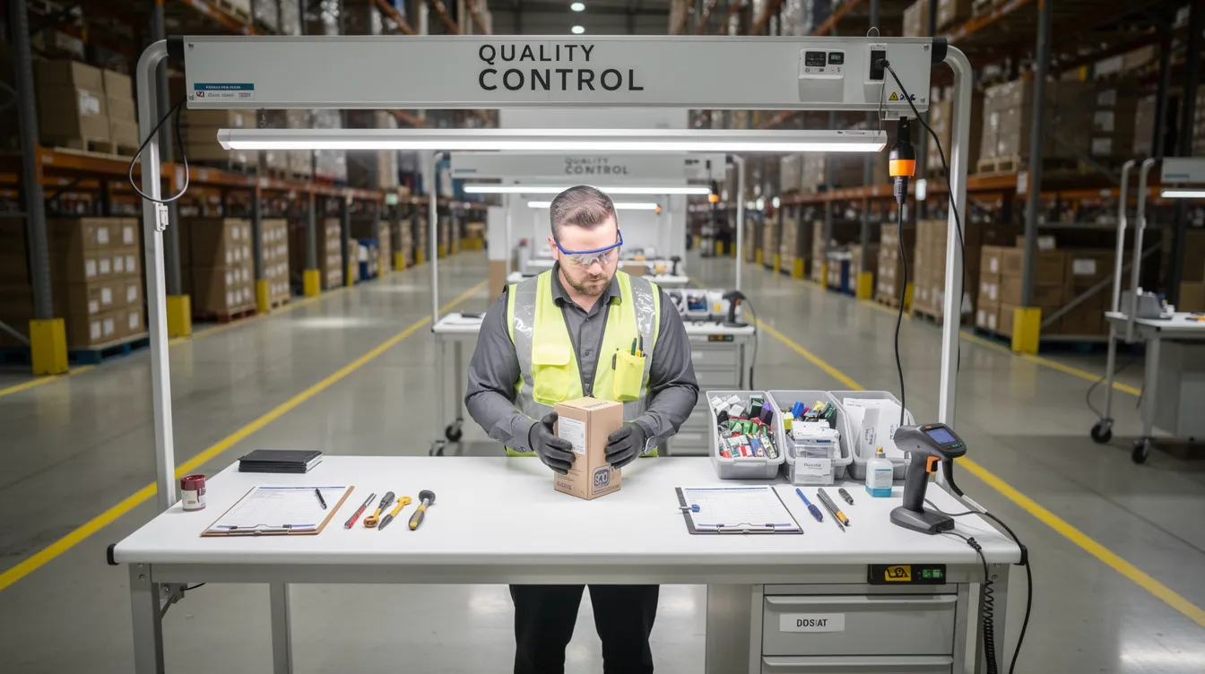 A warehouse quality control area is depicted, featuring a worker meticulously inspecting a product at a clean inspection station illuminated by bright lighting. This scene highlights the importance of effective returns management processes in ecommerce, ensuring customer satisfaction and maintaining high operational standards.