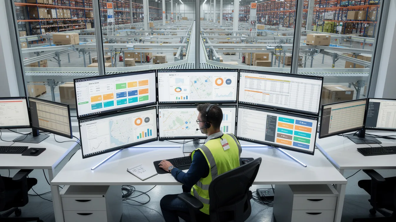 The image depicts a modern warehouse control room featuring multiple computer monitors that display logistics dashboards, while a worker is intently reviewing data related to the returns management process. This setup emphasizes the importance of efficient ecommerce returns management in enhancing customer satisfaction and optimizing operational costs.