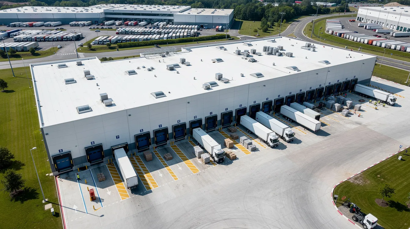 An aerial view captures a large distribution warehouse bustling with activity, featuring multiple trucks loading at various docking bays. This scene highlights the importance of a multi warehouse fulfillment strategy, essential for optimizing logistics operations and reducing shipping costs while meeting customer expectations.