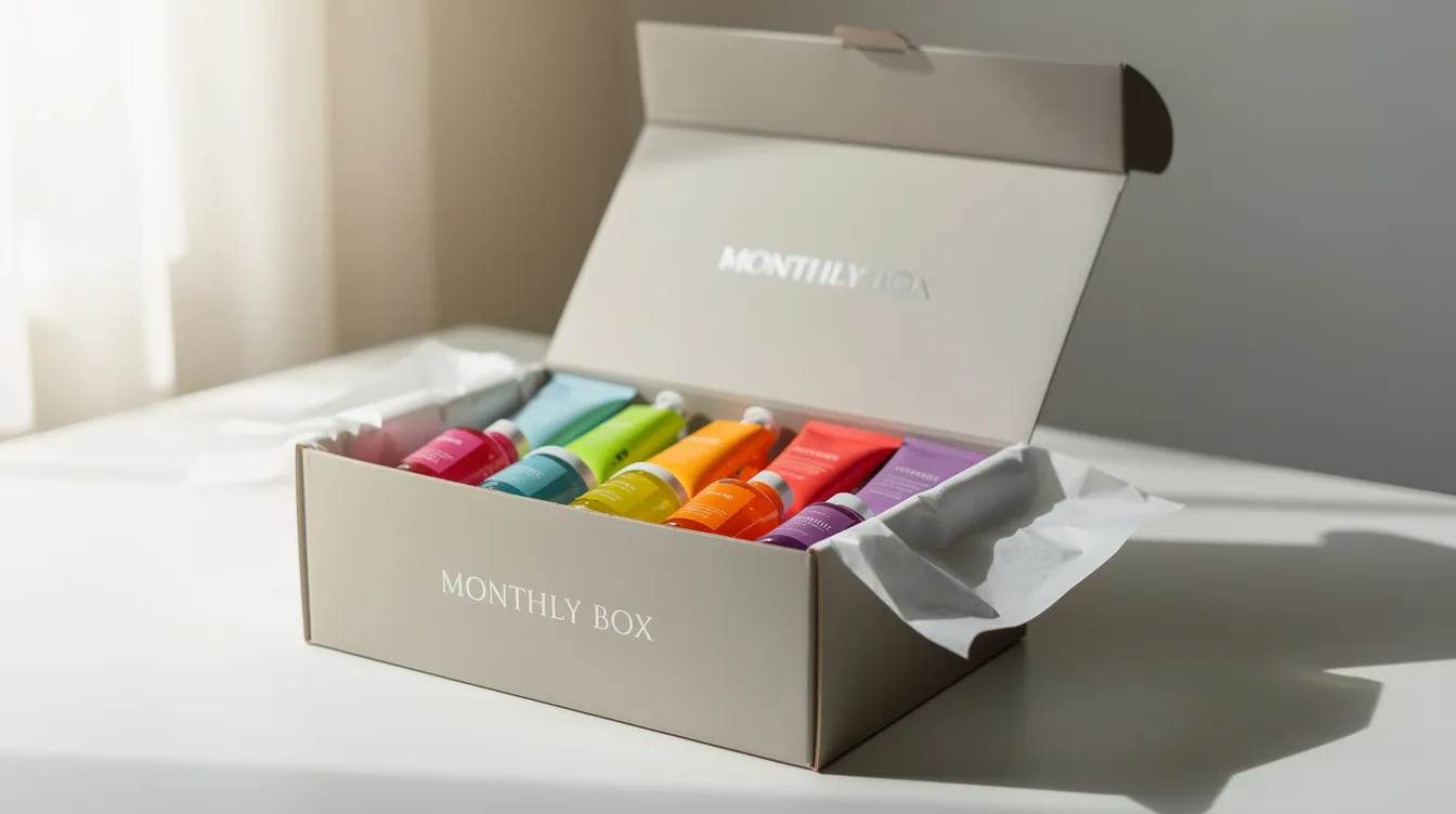 The image features an elegantly presented open subscription box, showcasing a variety of colorful products neatly arranged inside soft tissue paper. This visually appealing display highlights the importance of curated subscription boxes and efficient subscription box fulfillment to enhance customer satisfaction and loyalty.