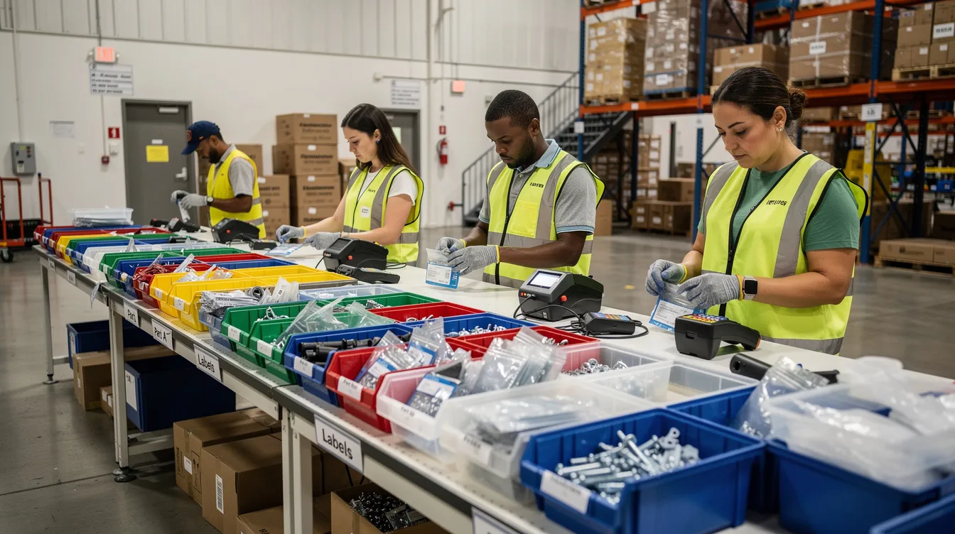 The image depicts warehouse workers efficiently assembling product kits at a long, organized workstation, surrounded by bins filled with various components. This scene highlights the importance of subscription box fulfillment, showcasing meticulous inventory management and the fulfillment process essential for timely and accurate deliveries.