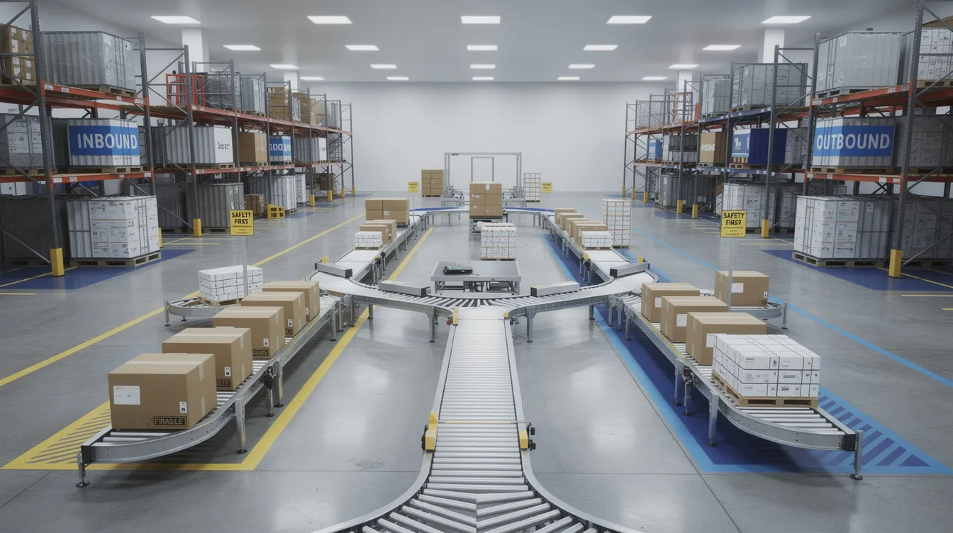 The image depicts a modern warehouse equipped with automated conveyor belts, organized staging areas, and clearly labeled shipping containers, illustrating an efficient subscription box fulfillment process that enhances customer satisfaction and ensures timely and accurate deliveries. This setup highlights the importance of meticulous inventory management and streamlined packing and shipping operations for a successful subscription box business.