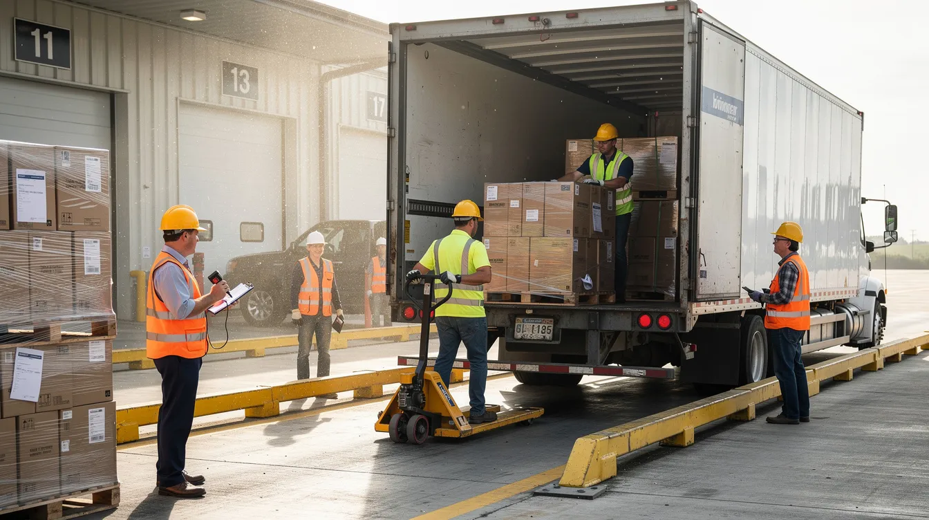 Warehouse workers are efficiently loading wooden pallets onto a large truck at a loading dock, showcasing the logistics involved in freight shipping and the transportation process. This scene highlights the importance of warehouse operations in managing shipping costs and ensuring timely delivery to the final destination.