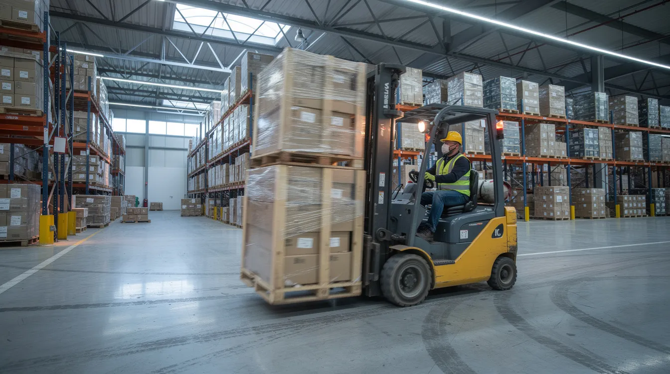 A forklift operator is maneuvering through a large warehouse, transporting stacked pallets to optimize warehouse operations and streamline the shipping process. This efficient handling of freight shipments is essential for managing shipping costs and ensuring timely delivery to the final destination.