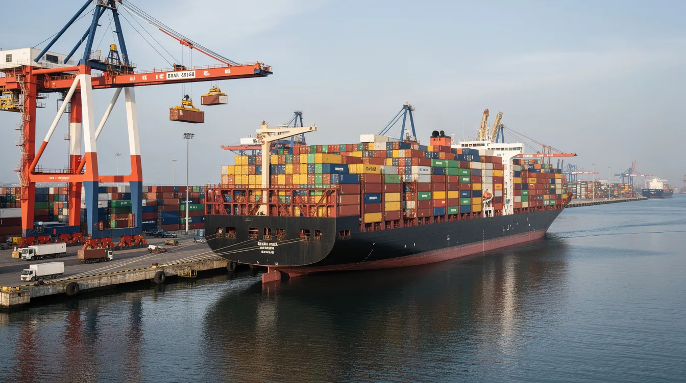 A large container ship is docked at a busy port, fully loaded with an array of colorful shipping containers, showcasing the vibrant logistics of international shipping and freight transportation. The scene highlights the importance of efficient supply chain management and cost-effective shipping solutions in the ecommerce business.