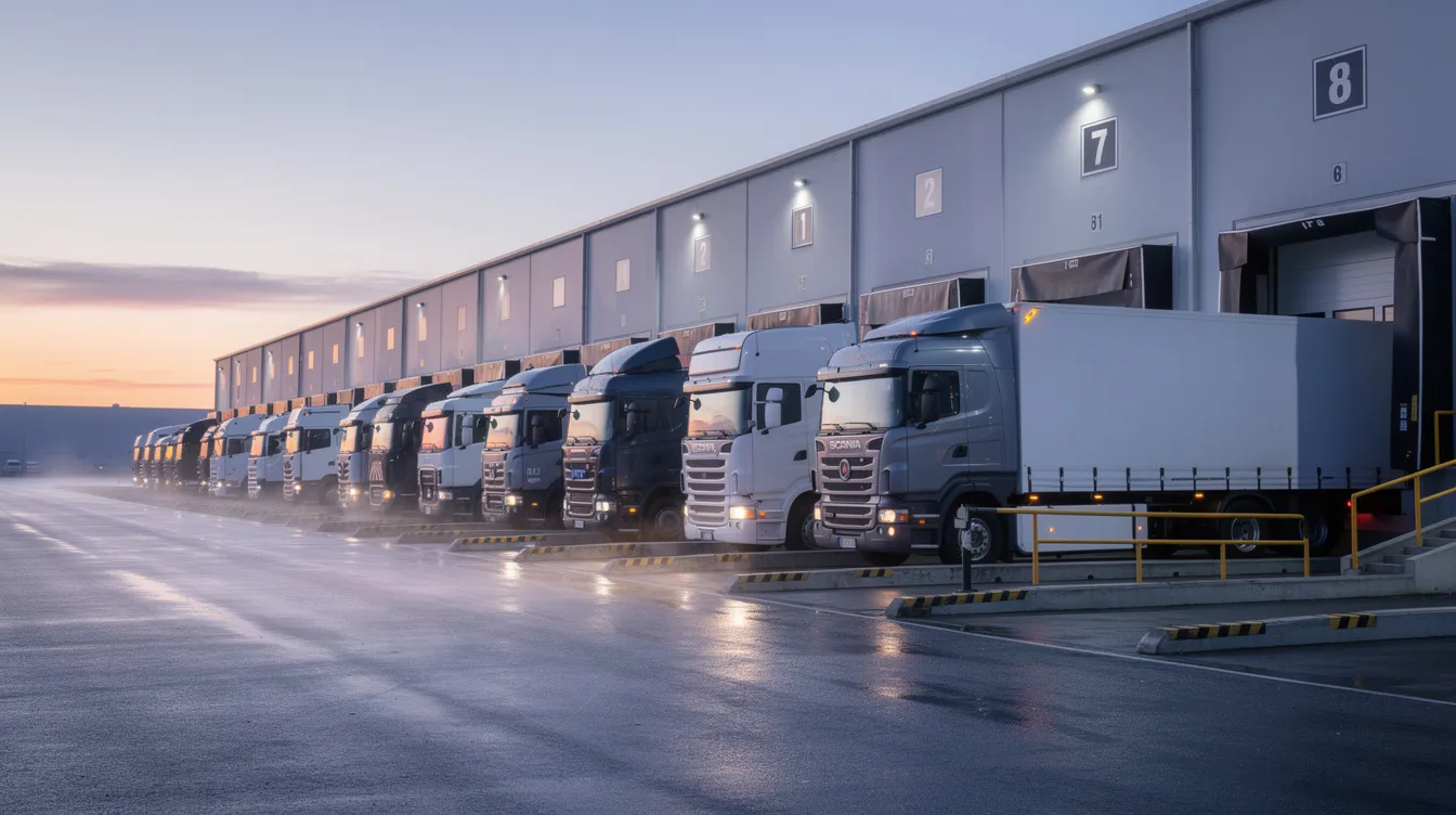 A row of semi trucks is parked at a distribution center's loading dock during dawn, ready for freight shipping operations. This scene highlights the logistics industry, emphasizing the importance of efficient warehouse management systems and transportation processes in ensuring timely delivery to the final destination.