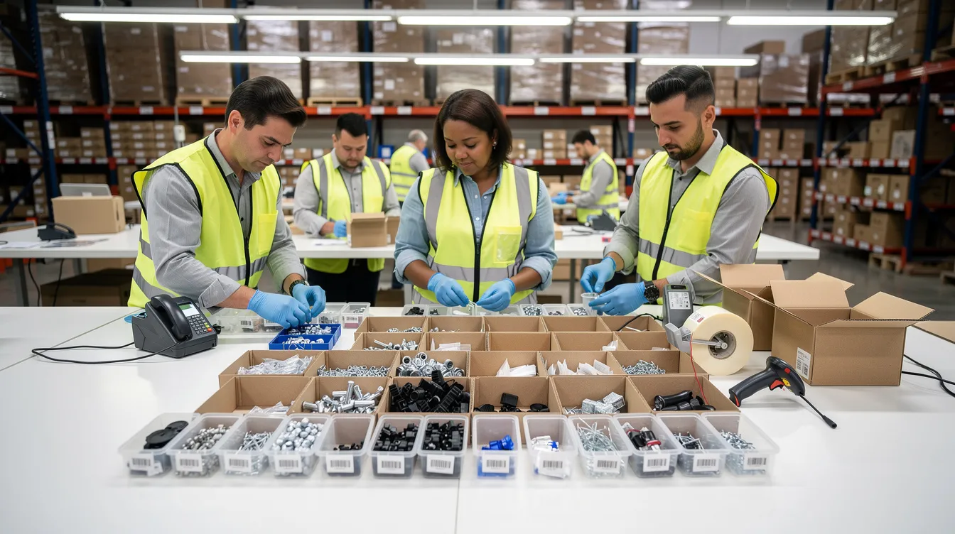 The image shows warehouse workers at a clean workstation diligently assembling product kits, with various individual components neatly laid out on a table. This kitting process is essential for streamlining fulfillment operations in an ecommerce business, ensuring that customer orders are efficiently prepared and ready to ship.