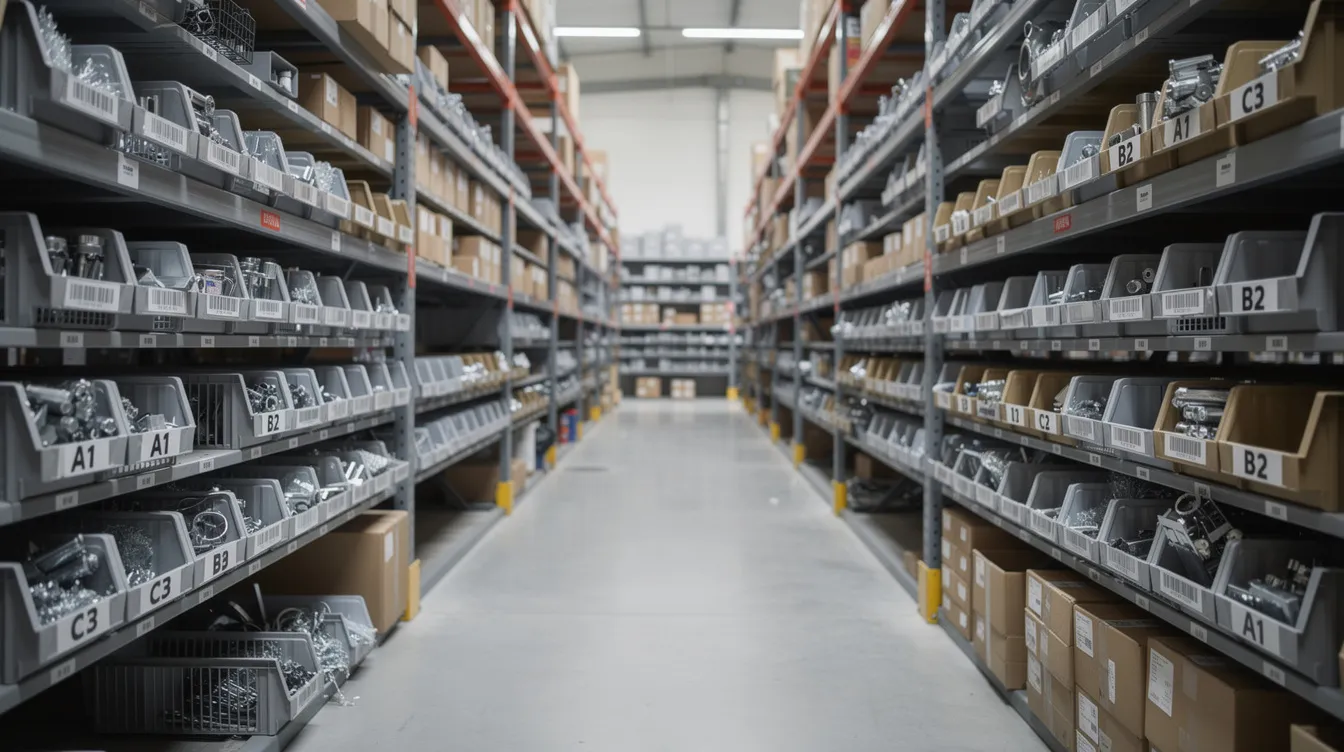 The image shows a warehouse shelving unit filled with neatly organized product components, each bin clearly labeled and sorted for efficient inventory management. This setup enhances the kitting and bundling process, streamlining fulfillment operations and improving customer satisfaction in an ecommerce business.