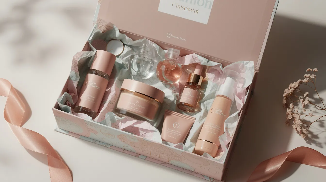 The image features an attractive gift set showcasing various beauty products elegantly arranged within decorative packaging, complete with tissue paper. This visually appealing presentation highlights the concept of kitting and bundling in ecommerce, enhancing customer experience and satisfaction.