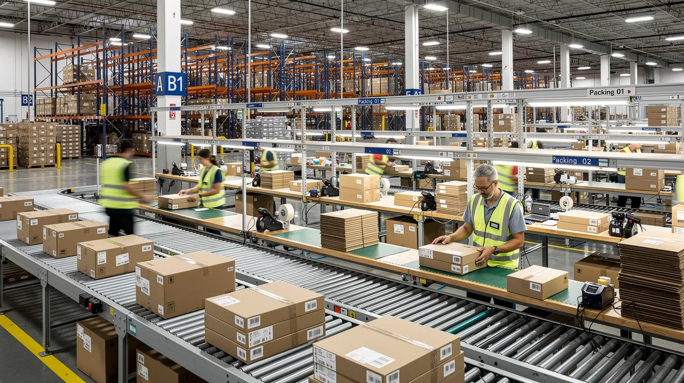 The image depicts a bustling fulfillment center filled with conveyor belts and packing stations, where workers are efficiently processing customer orders. This dynamic environment highlights the kitting and bundling process, essential for improving customer satisfaction in an ecommerce business by organizing multiple products into ready-to-ship packages.