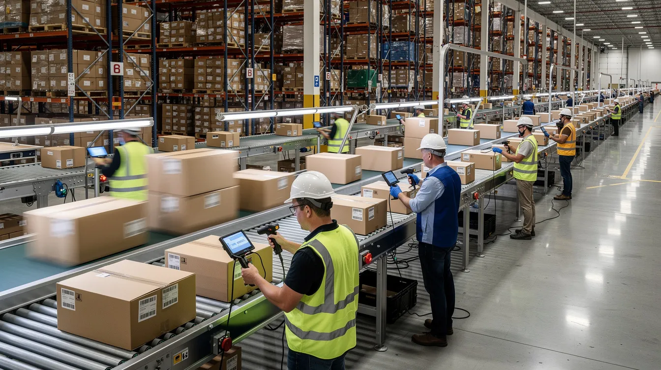In a large modern fulfillment center, warehouse workers are actively scanning barcodes on packages as they move along a conveyor belt, showcasing an efficient electronic data interchange (EDI) process that enhances inventory management and reduces manual data entry. This automated exchange of business documents ensures accurate tracking and compliance within the supply chain.