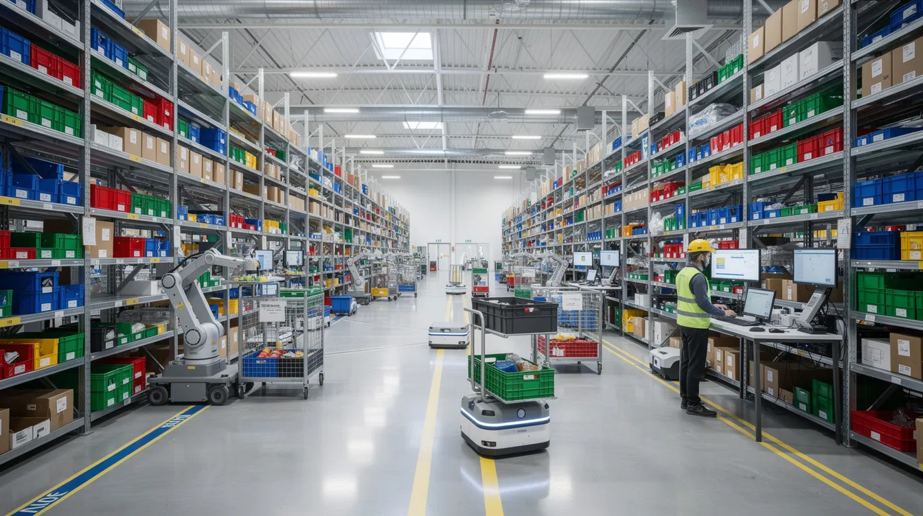 The image depicts a modern fulfillment center interior featuring tall shelving units filled with organized inventory bins and advanced automated picking equipment, showcasing efficient inventory management. This setup reflects the integration of electronic data interchange (EDI) systems for streamlined business document exchange and improved supply chain processes.