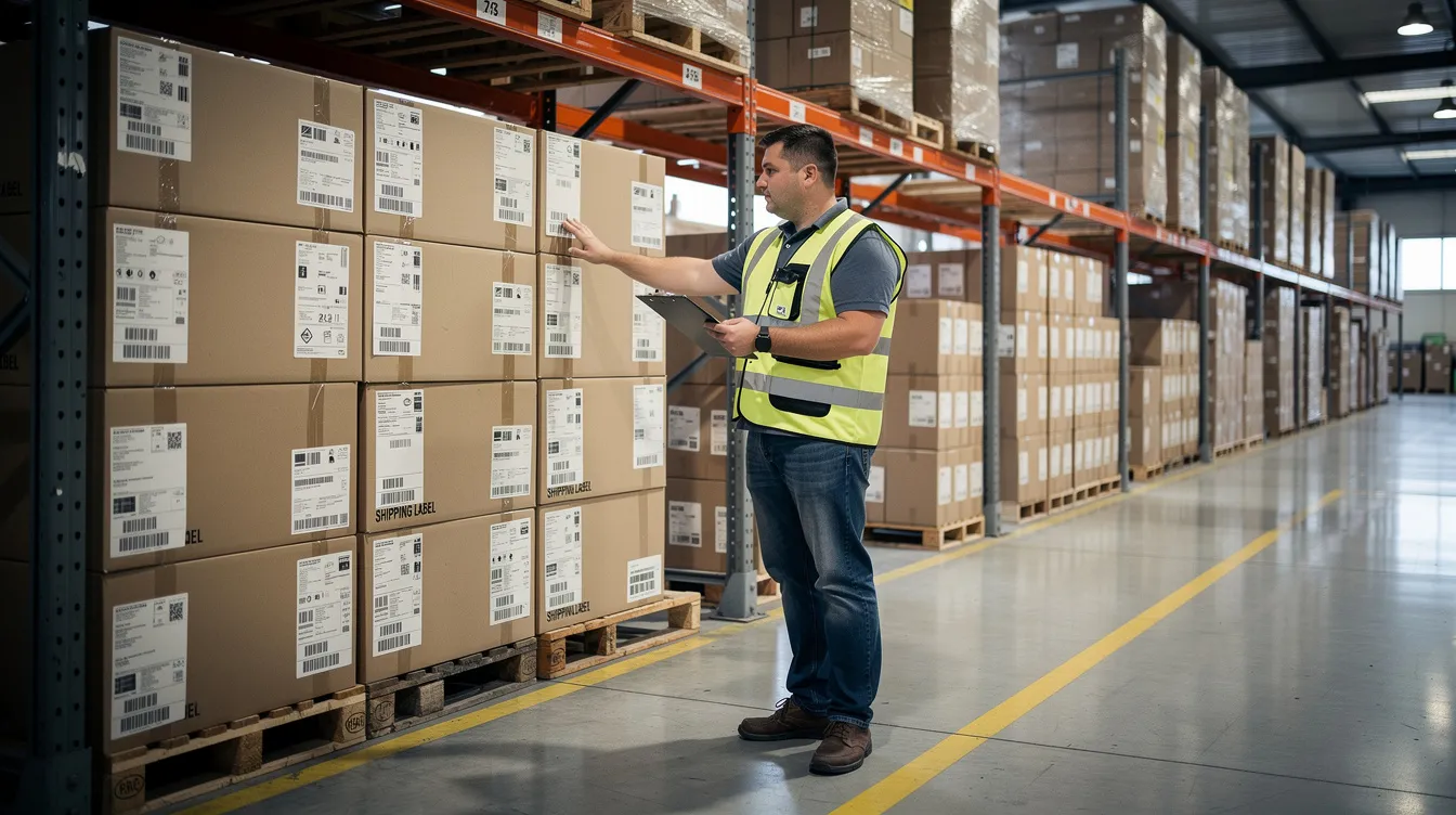 A person is inspecting shipping labels on neatly stacked cardboard boxes within a clean and organized warehouse, highlighting the importance of accurate electronic data interchange (EDI) for efficient inventory management and the exchange of business documents. This scene emphasizes the role of EDI systems in facilitating seamless transactions between trading partners.
