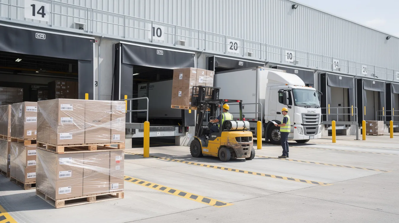 The image shows a busy shipping dock at a large warehouse where a forklift is loading pallets onto a semi-truck, illustrating the efficient movement of goods in the supply chain. This scene highlights the importance of electronic data interchange (EDI) in facilitating the exchange of business documents and ensuring smooth operations between trading partners.