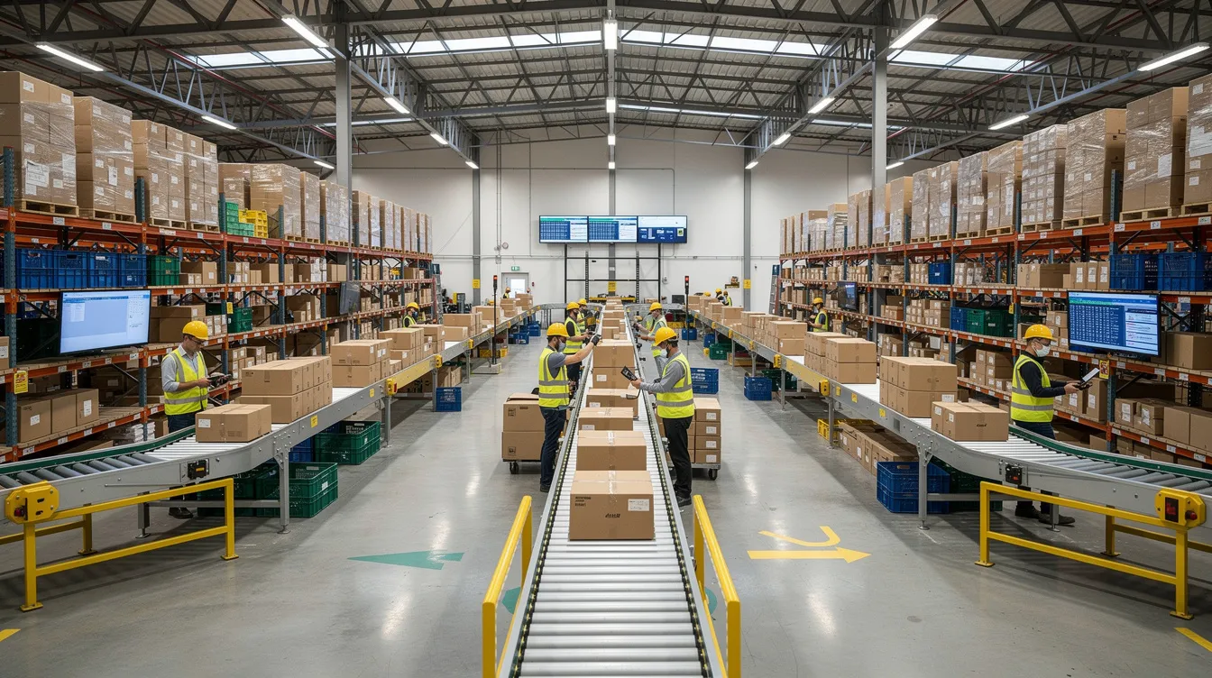 The image depicts the interior of a large, modern warehouse filled with organized shelving, where workers are actively scanning packages. Conveyor belts are transporting boxes, illustrating the efficient fulfillment process essential for ecommerce businesses and their order fulfillment services.