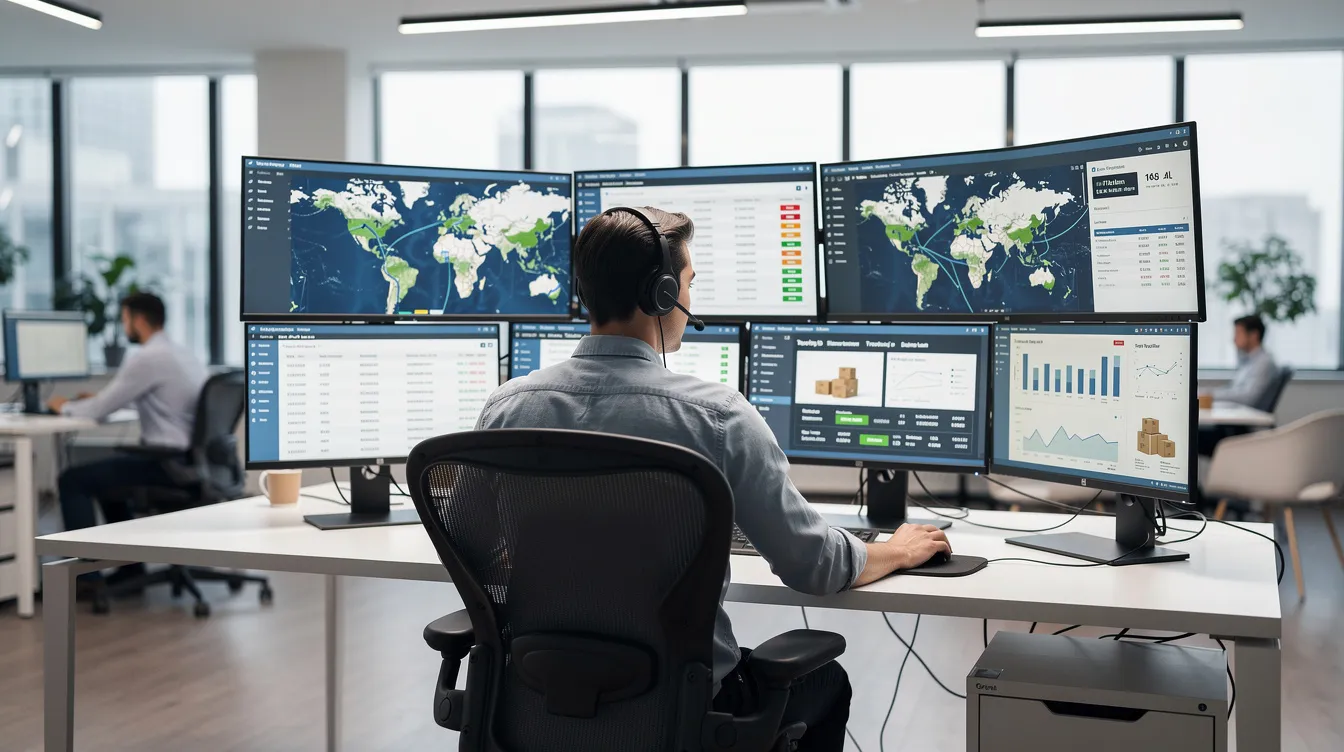 The image depicts a modern office space where a logistics professional, wearing a headset, is intently reviewing shipment data across multiple monitors. This environment highlights the importance of ecommerce fulfillment services and effective inventory management in optimizing customer satisfaction for ecommerce businesses.