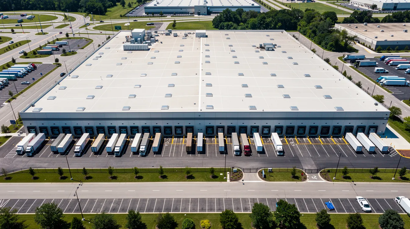 An aerial view of a large distribution center shows multiple loading docks and rows of delivery trucks, highlighting the efficient operations of a fulfillment company. This scene represents the vital role of fulfillment services in supporting ecommerce businesses by managing inventory and shipping processes.