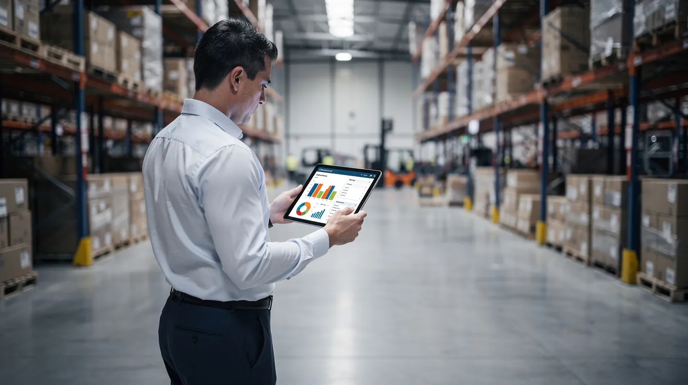 A business professional stands in a spacious warehouse, intently reviewing logistics data on a tablet, surrounded by shelves of stored inventory. This scene highlights the importance of effective fulfillment services and inventory management for ecommerce businesses.