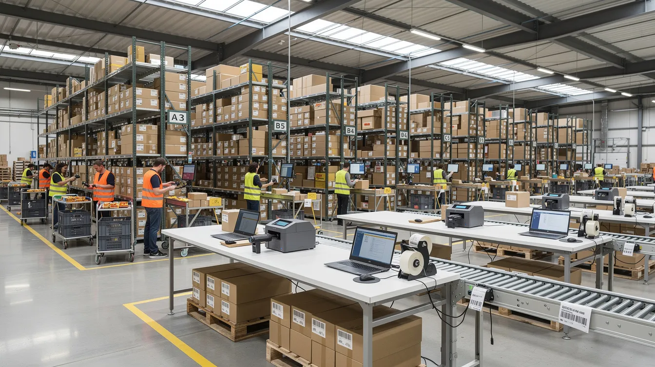 The image depicts a modern fulfillment center where workers are actively picking orders from neatly organized shelving and packing stations. This efficient environment highlights the fulfillment process essential for ecommerce brands, ensuring customer satisfaction through effective order fulfillment and inventory management.