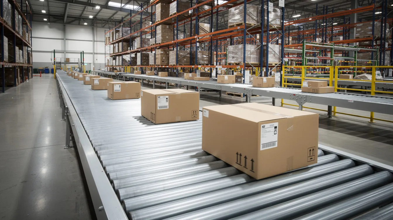 The image shows shipping boxes moving along a conveyor belt inside a large distribution warehouse, highlighting the fulfillment process essential for ecommerce brands. This efficient logistics operation is crucial for order fulfillment and customer satisfaction in the Shopify fulfillment network.