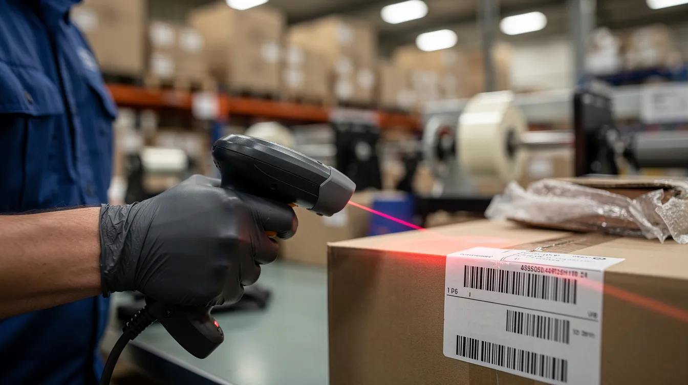 A close-up image shows a warehouse worker scanning a barcode on a package at a packing station, emphasizing the fulfillment process within a fulfillment center. This scene highlights the importance of order accuracy and operational efficiency in the logistics operations of ecommerce brands.