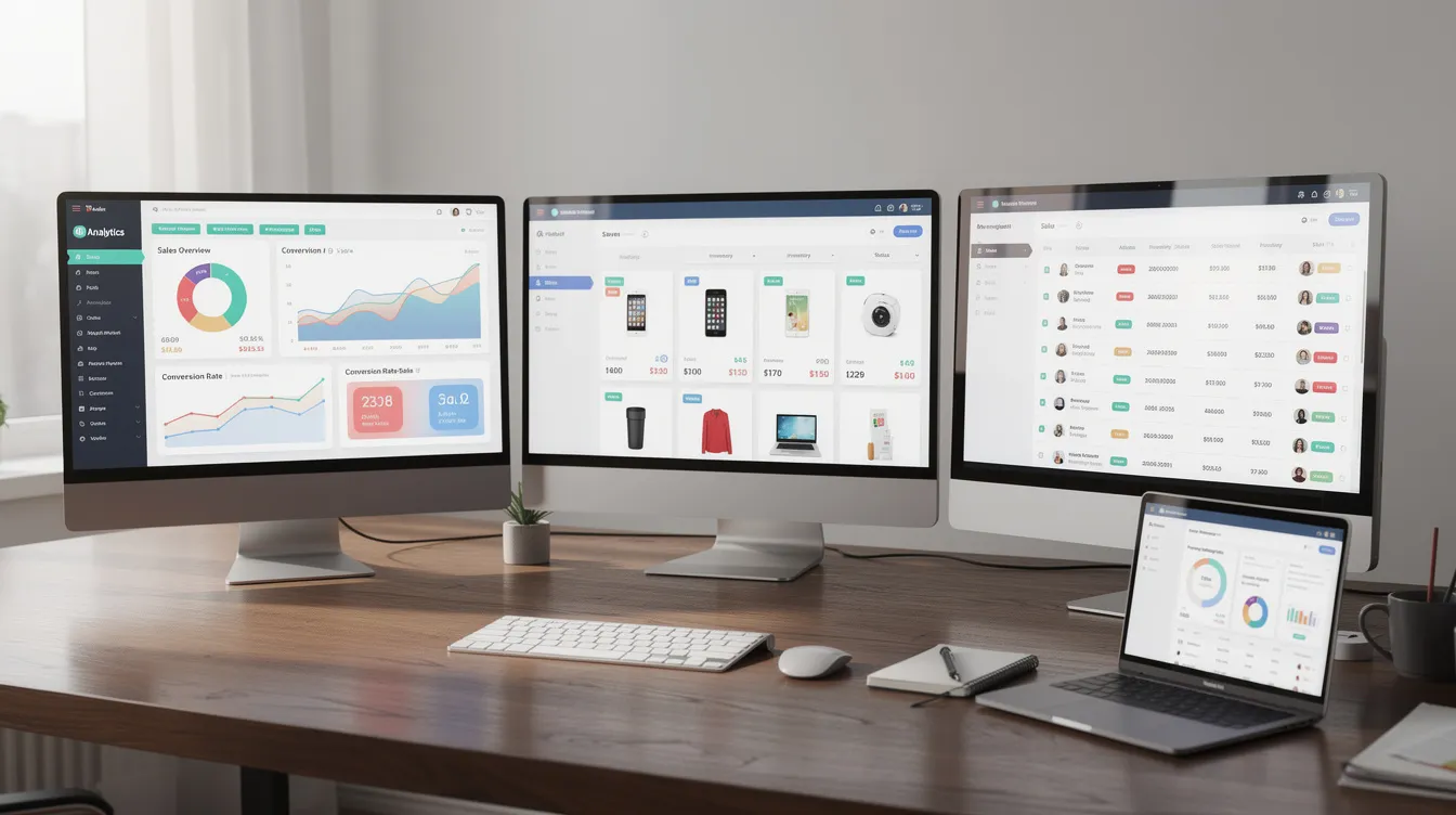The image shows multiple computer screens arranged side by side on a desk, each displaying different ecommerce platform dashboards that provide insights into order fulfillment, inventory management, and customer satisfaction for Shopify sellers. This setup highlights the operational efficiency and integration complexity involved in managing ecommerce brands using various fulfillment services and logistics operations.
