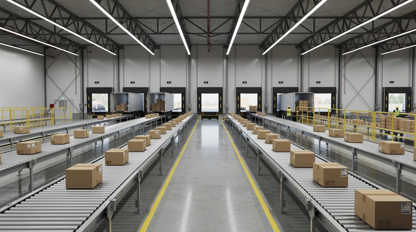 The image depicts the interior of a large warehouse bustling with activity, where conveyor belts are efficiently transporting cardboard packages towards waiting shipping trucks. This streamlined shipping process highlights the importance of ground shipping options for businesses aiming to reduce shipping costs while ensuring customer satisfaction and timely deliveries.