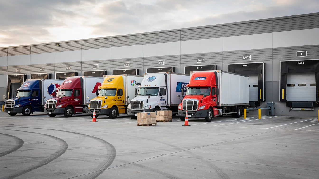The image shows multiple delivery trucks from various carriers lined up at a loading dock, ready for ground shipping. This scene highlights the shipping process and options available for businesses, emphasizing the importance of efficient delivery services like UPS Ground and USPS Priority Mail for customer satisfaction.