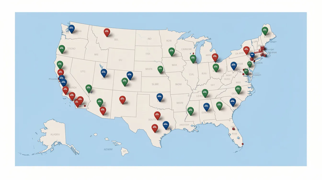 The image shows a detailed map of the United States with various pins indicating warehouse locations across different regions, highlighting the importance of ground shipping options for efficient distribution. This setup supports businesses in fulfilling orders quickly and cost-effectively, ensuring customer satisfaction through reliable shipping services.