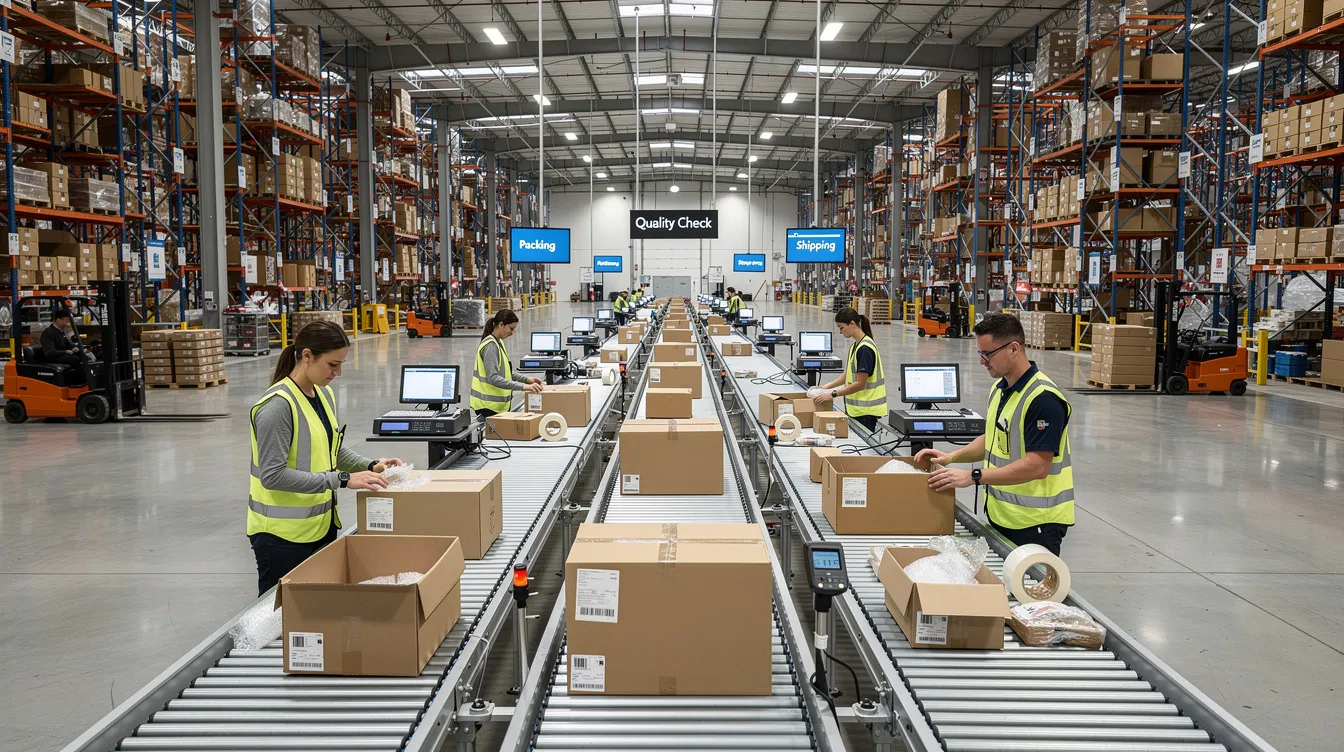 The image depicts a bustling fulfillment warehouse where workers are actively scanning and packing ecommerce orders on a conveyor system, showcasing the dynamic logistics operations essential for efficient order fulfillment. This environment highlights the importance of fulfillment services in meeting customer expectations and managing inventory for ecommerce businesses across multiple sales channels.