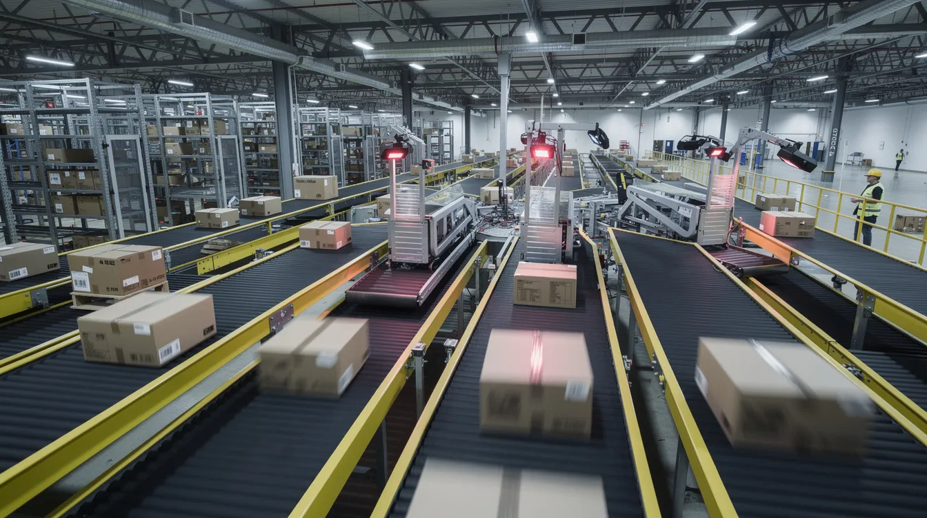 The image depicts a modern distribution center where shipping packages are efficiently moving along automated sorting conveyor belts, illustrating the fulfillment process essential for ecommerce businesses. This scene highlights the importance of fulfillment services and logistics operations in meeting customer expectations and managing inventory for established brands across multiple sales channels.