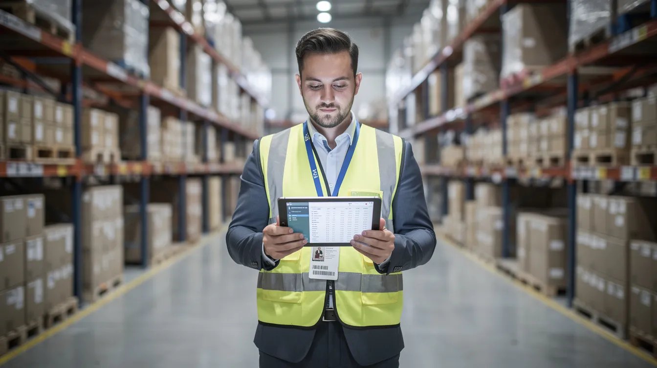 A logistics professional stands in a warehouse aisle, reviewing shipment data on a tablet amidst neatly organized shelving, highlighting the importance of effective inventory management and fulfillment services for ecommerce businesses. This scene reflects the critical role of logistics operations in meeting customer expectations and optimizing the fulfillment process across multiple sales channels.