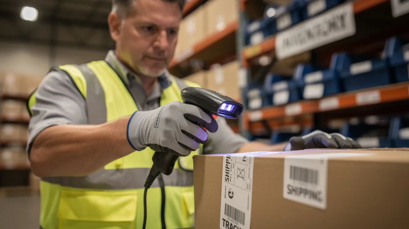 A warehouse worker is seen closely scanning and verifying items at a packing station, ensuring accuracy before shipping. This meticulous process is essential for effective inventory management and contributes to overall operational efficiency in third party logistics operations.